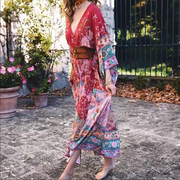 Boho Kimono Floral Print Maxi Gypsy Dress red - Picture 10 of 11